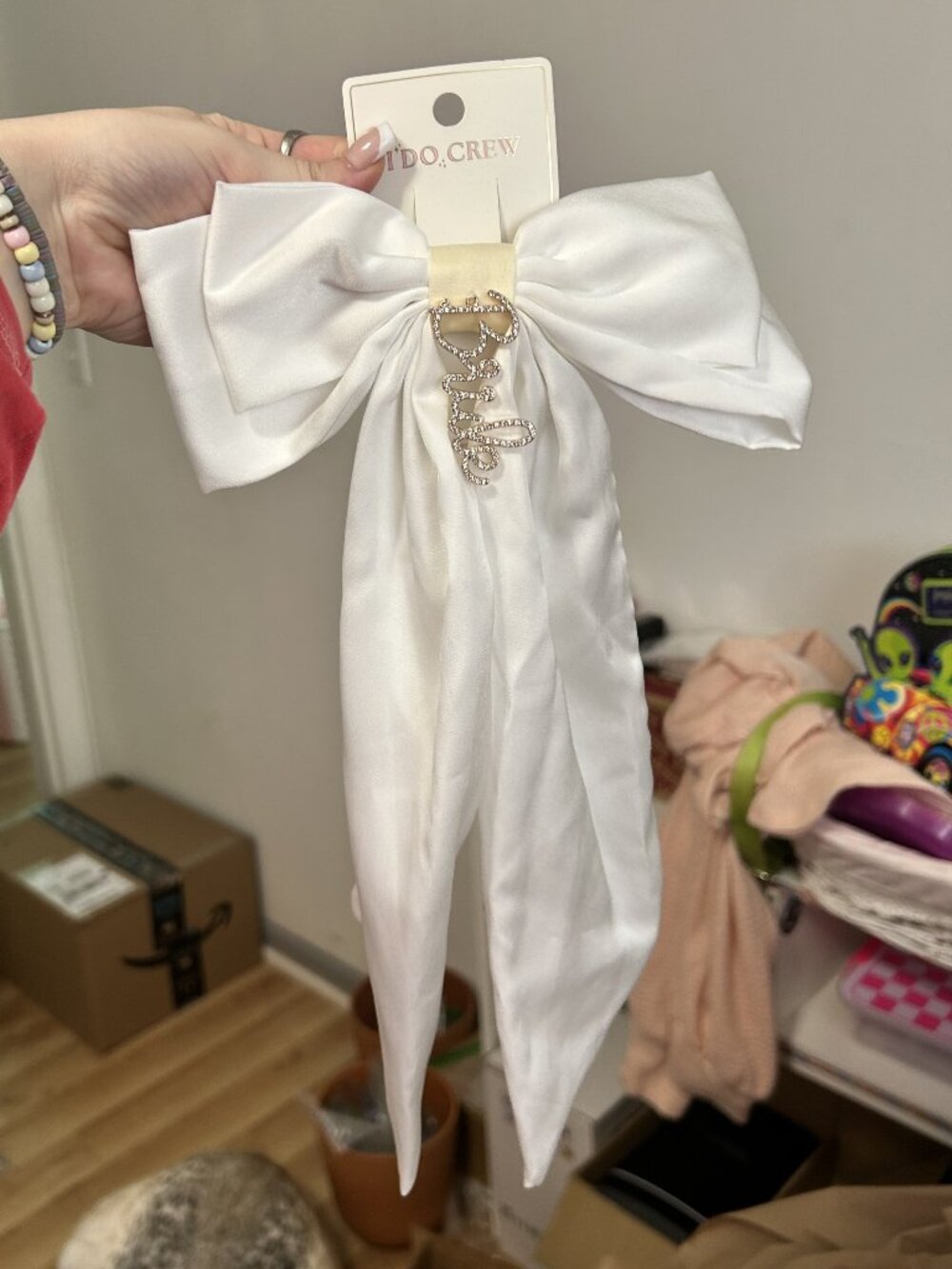 I Do Crew Silky White Hair Clip Bow "Bride"